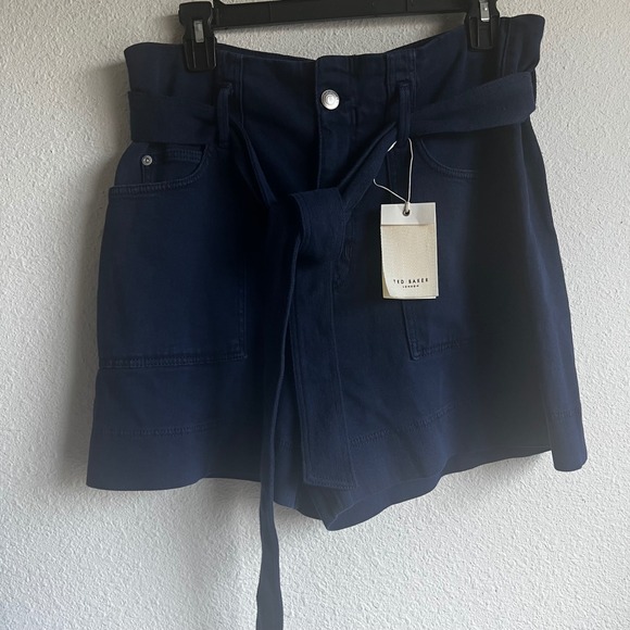 Ted Baker London Danikii High Waisted Denim Shorts Navy Blue Tie Waist Size 32 - Picture 16 of 16